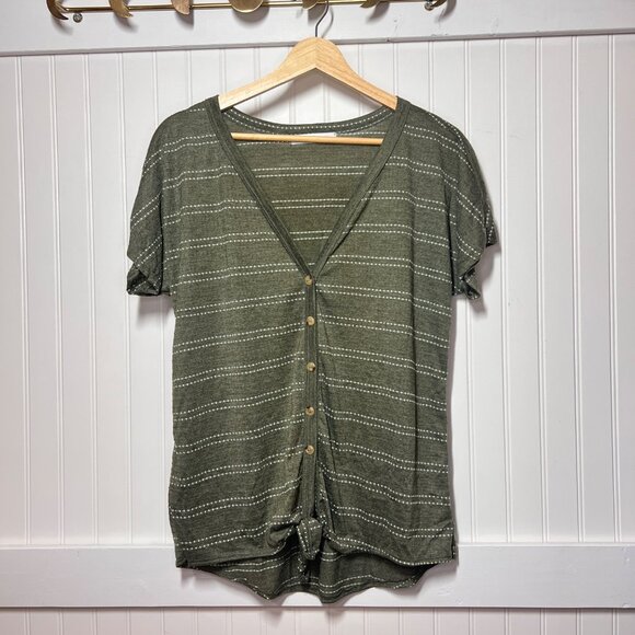 Hanger 55 Green Stripe Short Sleeve Tee Top Buttons Tie Soft - Picture 1 of 4